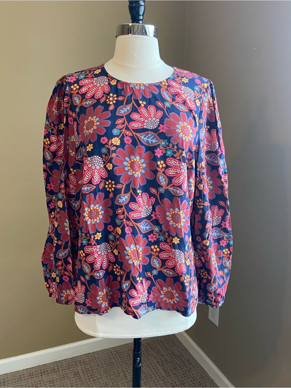 Boden Bold, Vibrant Floral Long-Sleeve Blouse,‎ Size 14, Boho, Retro